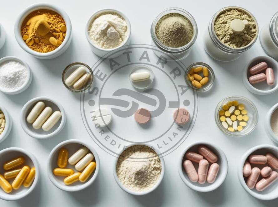 Banner image of supplement ingredients including capsules, powders, and botanical extracts in glass bowls with a modern lab background, symbolizing clean-label and science-backed manufacturing.
