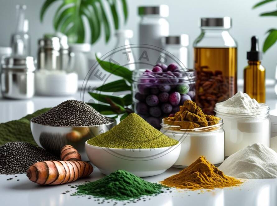 Wide banner showing assorted functional food ingredients — chia seeds, spirulina powder, turmeric roots, acai berries, flaxseed oil, and collagen powder — arranged on a clean white surface with a modern lab background, symbolizing the fusion of natural nutrition and science-backed quality.