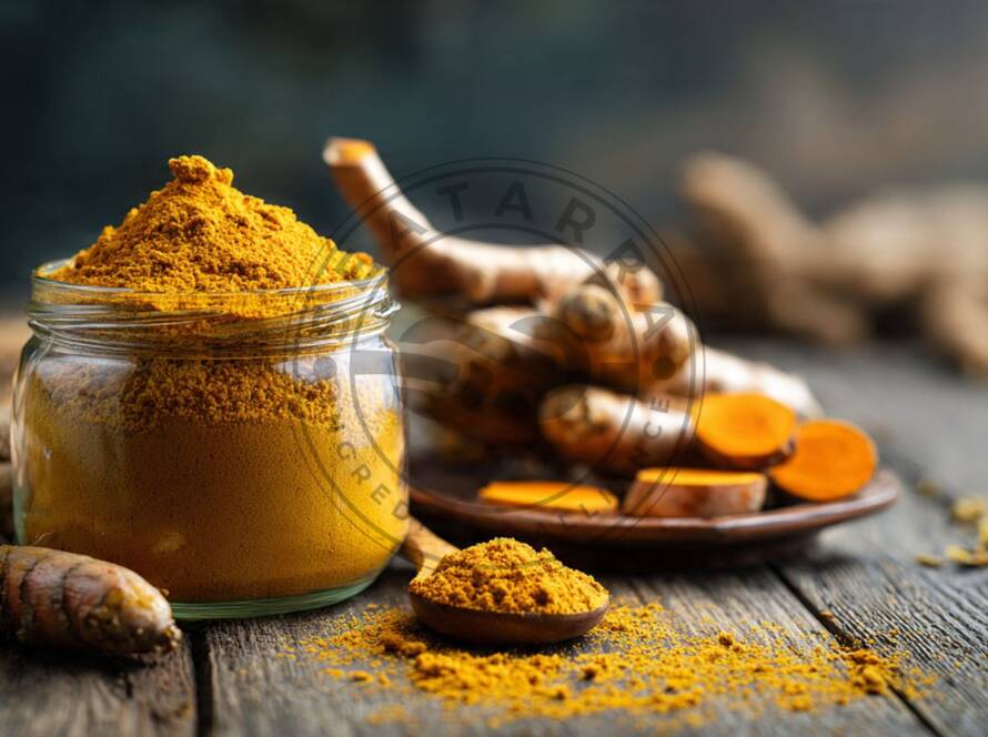 Organic turmeric powder made from ground turmeric root for supplement manufacturing